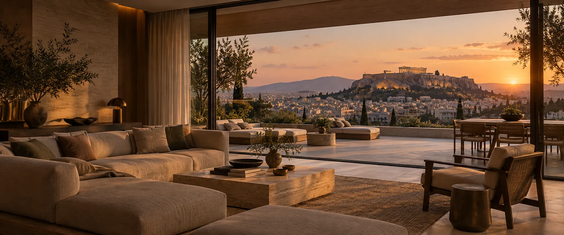 Καθιστικό κατοικίας στην Αθήνα με θέα στην Ακρόπολη, φυσικά υλικά και ζεστό απογευματινό φως.