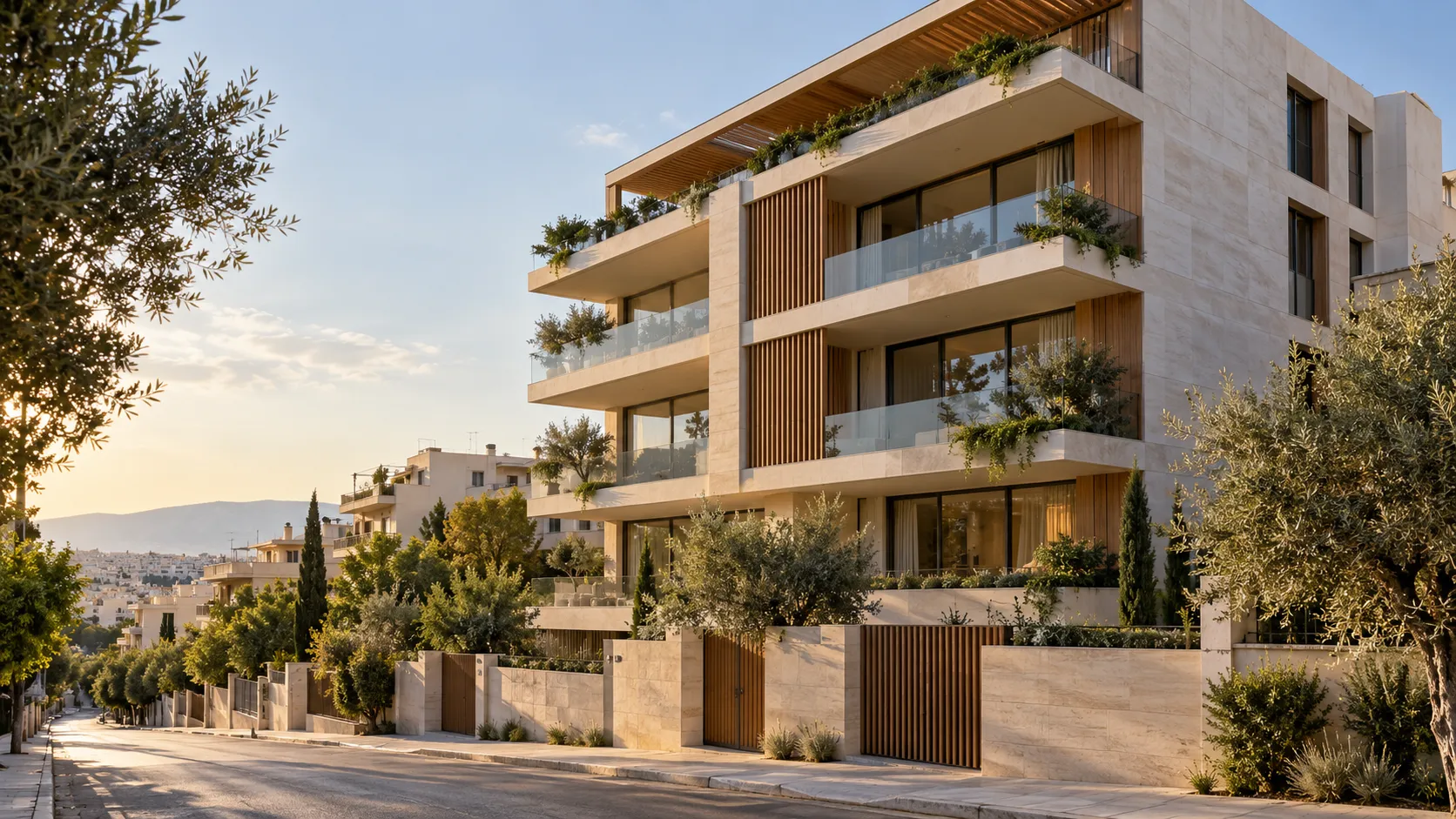 Σύγχρονο κτίριο κατοικιών στην Αθήνα με ξύλινες λεπτομέρειες, μπαλκόνια και φως δειλινού.